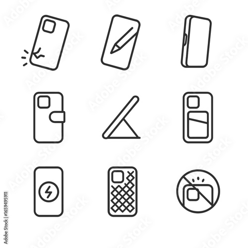 Phone Case Icons. Outline icon set of phone case features: shockproof, scratch-resistant, slim design, magnetic closure, kickstand