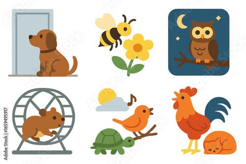 Animal Time Icons. Flat vector mini-illustrations Animal time perception in colors children's illustrations: