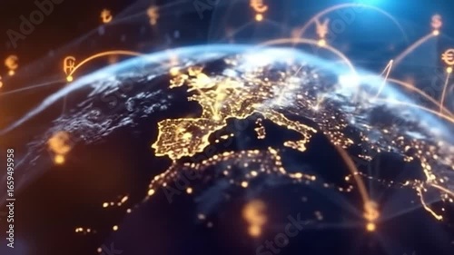 Global network map, glowing city lights on a globe, connected by lines