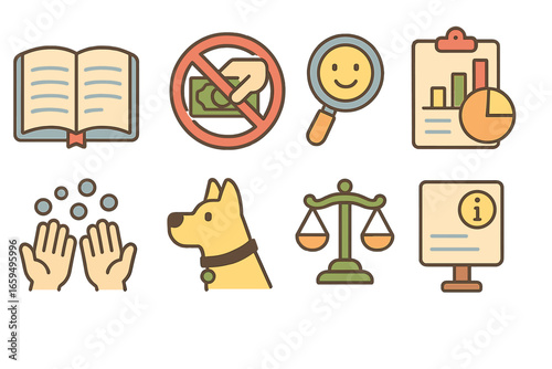 Anti-Corruption Icons Grid. Flat vector mini-illustrations Anti-corruption and transparency in colors children