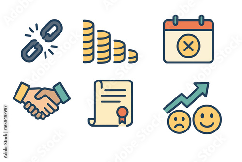 Debt Repayment Plan. Flat vector mini-illustrations Debt repayment plan in colors children's illustrations: broken chain, coin