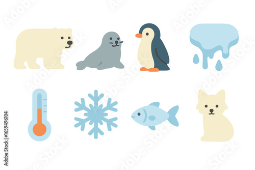 Arctic Animals Impact. Flat vector mini-illustrations Climate impact on polar animals in colors children's