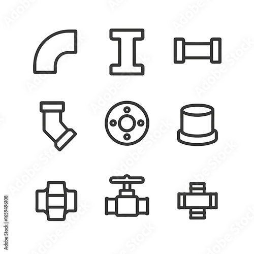 Pipe Fittings Icon Set. Outline icon set of pipe fittings: elbow joint, T-joint, coupler, reducer, flange, cap, union, valve,