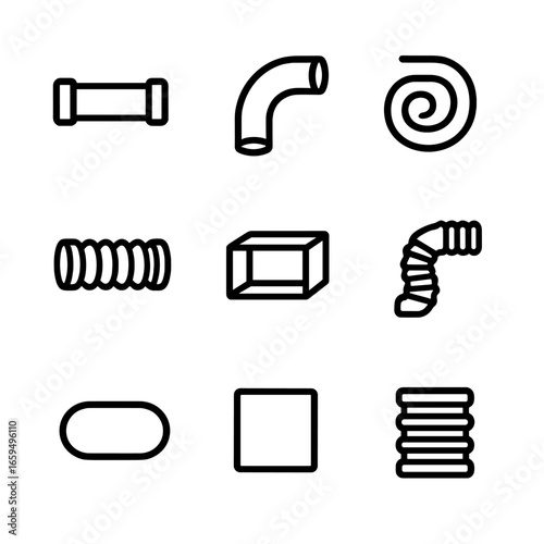 Pipe Icons Grid. Outline icon set of pipe shapes: straight pipe, curved pipe, spiral pipe, corrugated pipe, rectangular duct,