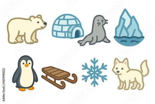 Arctic Wildlife Icons. Flat vector mini-illustrations Arctic wilderness in colors children's illustrations: