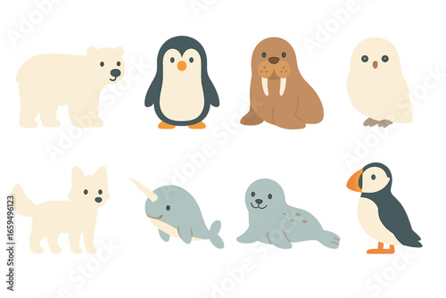 Arctic Animals Grid. Flat vector mini-illustrations arctic animals in colors children's illustrations: polar