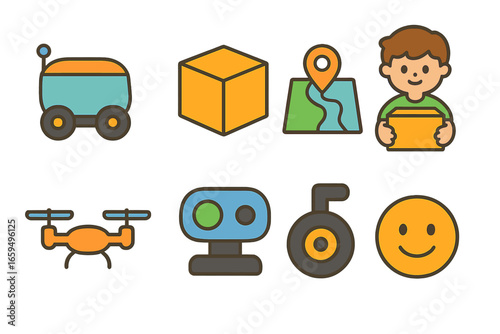 Delivery Robots Icons. Flat vector mini-illustrations last mile delivery robots in colors children's illustrations: delivery pod,
