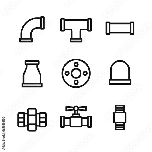 Pipe Fittings Icon Set. Outline icon set of pipe fittings: elbow joint, T-joint, coupler, reducer, flange, cap, union, valve,