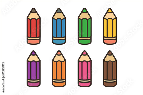 Colorful Pencil Grid. Flat vector mini-illustrations colored pencils in colors children's illustrations: red pencil, blue pencil,