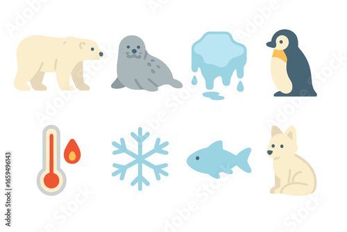 Arctic Animals Impact. Flat vector mini-illustrations Climate impact on polar animals in colors children's