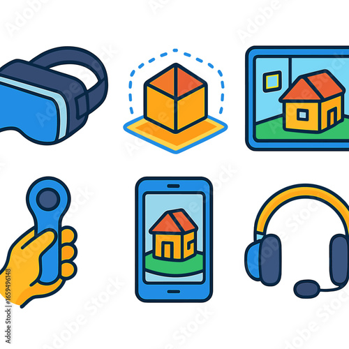 AR_VR Kid's Icons. Flat vector mini-illustrations AR/VR integration with home models in colors children's