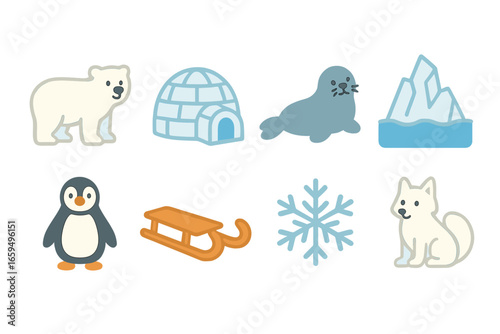 Arctic Wildlife Icons. Flat vector mini-illustrations Arctic wilderness in colors children's illustrations:
