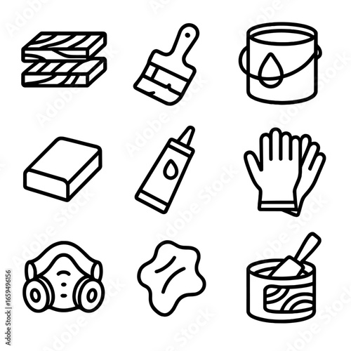 Plank Finishing Tools Icons. Outline icon set of plank finishing: varnish, paint brush, stain can, sanding block, sealant tube,