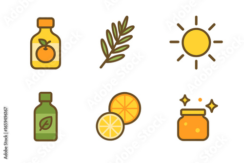 Aromatherapy Icons Grid. Flat vector mini-illustrations energizing aromatherapy scents in colors children's