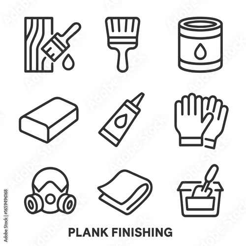 Plank Finishing Tools Icons. Outline icon set of plank finishing: varnish, paint brush, stain can, sanding block, sealant tube,
