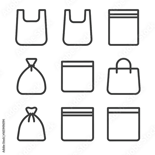 Plastic Bag Icon Set. Outline icon set of plastic bags types: shopping bag, grocery bag, zip lock bag, trash bag, sandwich bag,