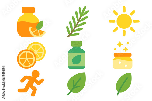 Aromatherapy Icons Grid. Flat vector mini-illustrations energizing aromatherapy scents in colors children's