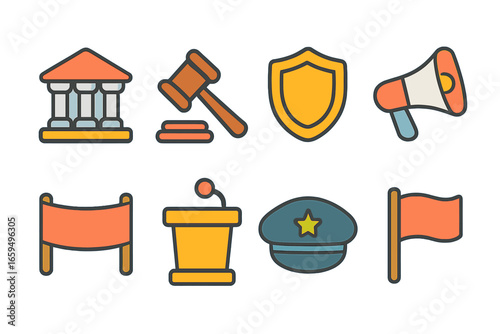 Authoritarian Icons Illustration. Flat vector mini-illustrations authoritarianism symbols in colors children's