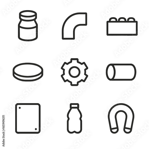 Plastic Material Icons. Outline icon set of plastic parts materials: polypropylene, polyethylene, ABS, polystyrene, nylon, PVC,