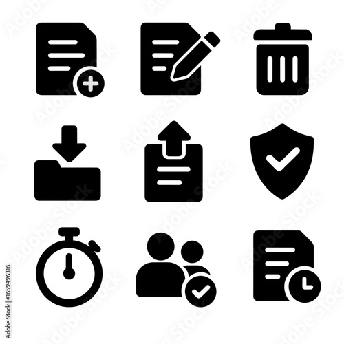 Assignment Management Icons. Solid, filled icons set of assignment management: create task, edit task, delete