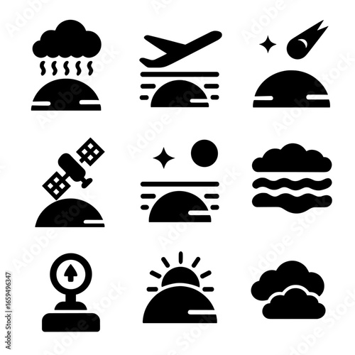 Atmospheric Layers Icons. Solid, filled icons set of atmospheric layers: troposphere, stratosphere, mesosphere