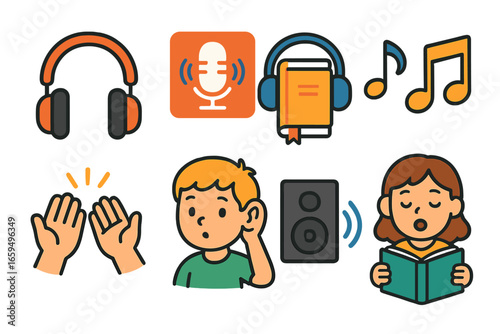 Auditory Learning Icons. Flat vector mini-illustrations Auditory learning activities in colors children's