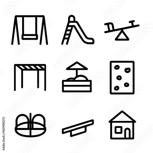 Playground Icons Outline. Outline icon set of swing playground equipment: swing set, slide, seesaw, monkey bars, sandbox, climbing