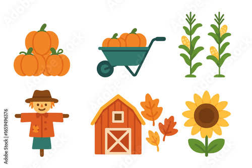 Autumn Harvest Icons. Flat vector mini-illustrations harvesting pumpkins in colors children's illustrations: