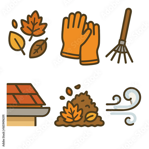 Autumn Gutter Cleaning. Flat vector mini-illustrations Fall gutter cleaning in colors children's illustrations