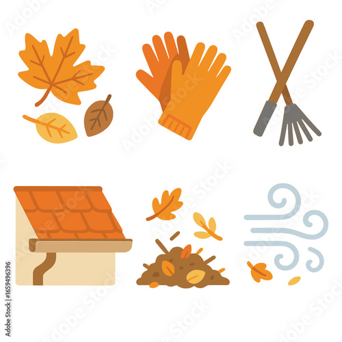 Autumn Gutter Cleaning. Flat vector mini-illustrations Fall gutter cleaning in colors children's illustrations