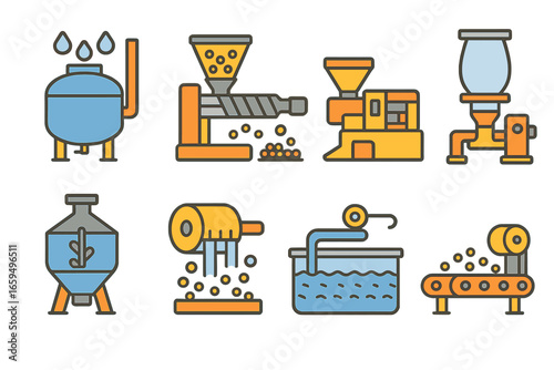 Polymer Process Icons. Flat vector mini-illustrations polymer manufacturing in colors children's illustrations: polymerization