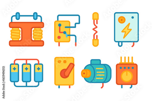 Colorful Power Circuit Icons. Flat vector mini-illustrations power circuits in colors children's illustrations: transformer, relay