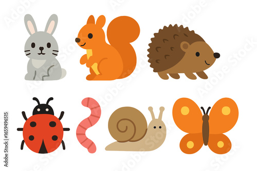 Backyard Animal Icons. Flat vector mini-illustrations backyard animals in colors children's illustrations: