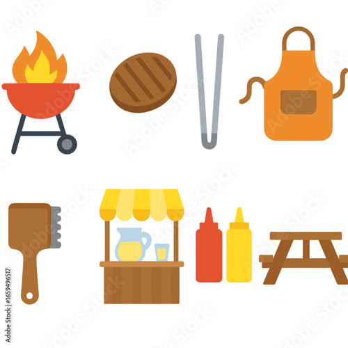 Backyard BBQ Icons. Flat vector mini-illustrations backyard barbecue fun in colors children's illustrations: