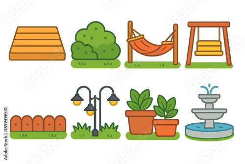 Backyard Mini-Illustrations. Flat vector mini-illustrations backyard landscaping ideas in colors children's