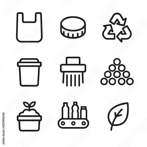 Polymer Recycling Icons. Outline icon set of polymer waste and recycling: plastic bag, bottle cap, recycle symbol, waste bin,