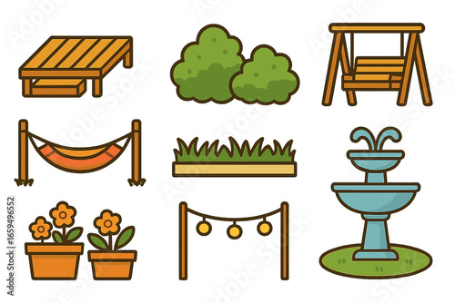 Backyard Mini-Illustrations. Flat vector mini-illustrations backyard landscaping ideas in colors children's