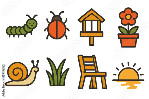 Backyard Nature Discovery. Flat vector mini-illustrations backyard nature discovery in colors children's