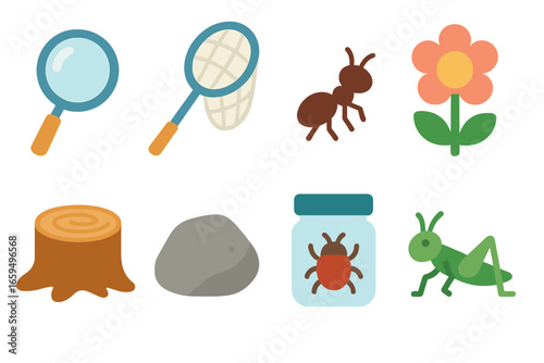 Backyard Exploration Icons. Flat vector mini-illustrations backyard exploration in colors children's