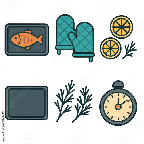 Baking Fish Fun. Flat vector mini-illustrations Baking fish in the oven in colors children's illustrations: