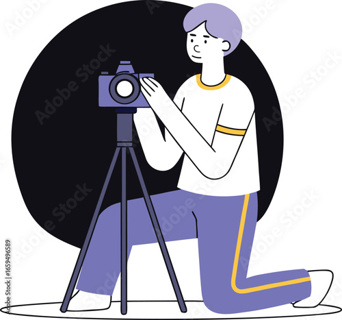 Professional photographer with a camera and equipment working on a television set