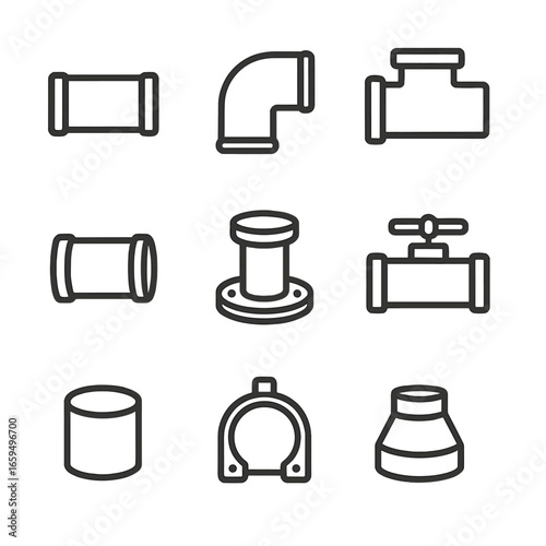 PVC Pipe Icons. Outline icon set of PVC pipes and fittings: straight pipe, elbow joint, T-joint, pipe connector, flange, valve,