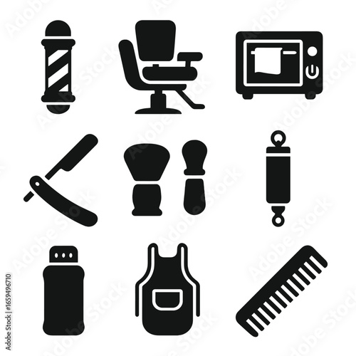Barbershop Essentials Icons. Solid, filled icons set of barbershop essentials: barber pole, classic chair, hot