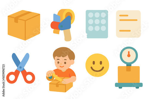 E-commerce Package Assembly. Flat vector mini-illustrations E commerce order packaging in colors children's illustrations: