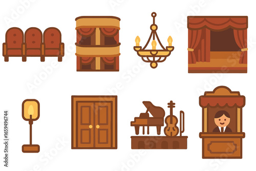 Ballet Theater Icons. Flat vector mini-illustrations Ballet theater interior in colors children's