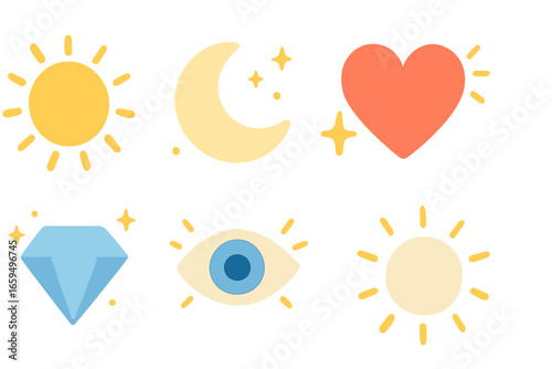 Radiant Children's Icons. Flat vector mini-illustrations radiant objects in colors children's illustrations: sun, glowing moon,