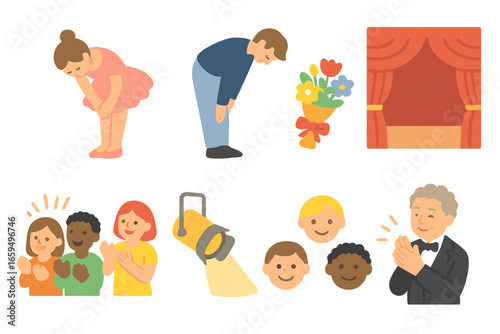 Ballet Performance Icons. Flat vector mini-illustrations Ballet curtain call in colors children's