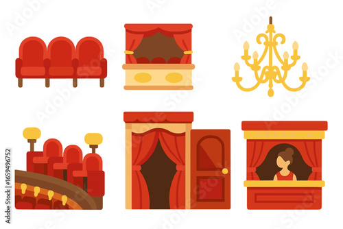 Ballet Theater Icons. Flat vector mini-illustrations Ballet theater interior in colors children's