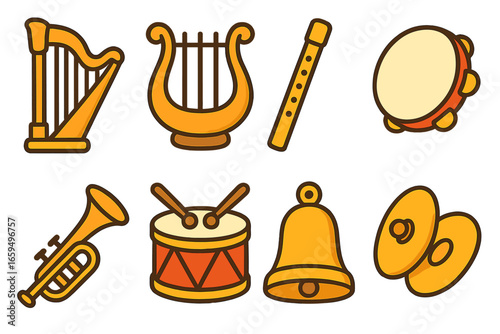 Colorful Psalm Instruments. Flat vector mini-illustrations psalm instruments in colors children's illustrations: harp, lyre, flute