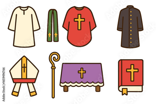 Colorful Religious Vestments. Flat vector mini-illustrations Religious vestments in colors children's illustrations: gown, stole,